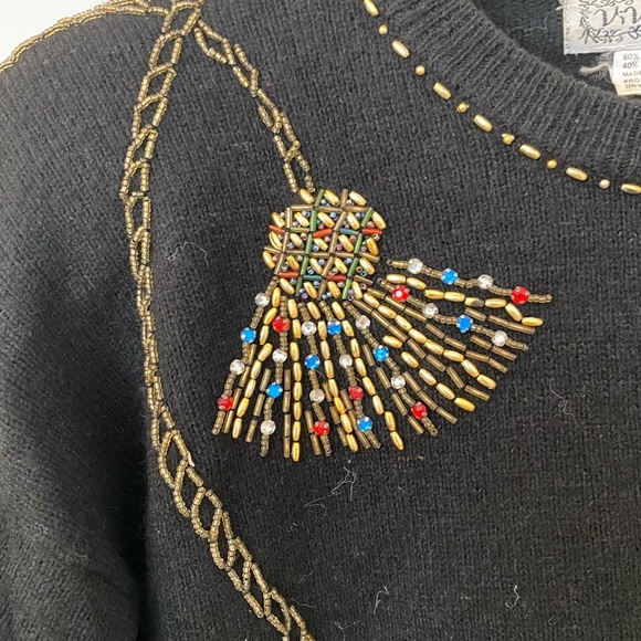 Vivien Forest Womens Beaded Tassel Print Tunic Sweater Size Large Lambswool - Picture 4 of 7